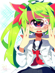 Rule 34 | 1girl, :d, black sailor collar, black skirt, bow, cowboy shot, crescent-shaped pupils, cyclops, dated, green hair, hair bow, hands up, highres, lab coat, looking at viewer, monocle, muroku (aimichiyo0526), neckerchief, one-eyed, open mouth, original, pleated skirt, purple eyes, red bow, red neckerchief, red pupils, round teeth, sailor collar, school uniform, serafuku, shirt, signature, skirt, smile, solo, teeth, twintails, upper teeth only, white shirt
