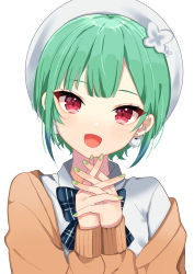 Rule 34 | 00saeki, 1girl, :d, bad id, bad pixiv id, beret, blue bow, blue bowtie, blue hair, blush, bow, bowtie, brown cardigan, cardigan, commentary, earrings, flower, gradient hair, green hair, green nails, hair flower, hair ornament, hat, highres, hololive, jewelry, long sleeves, looking at viewer, multicolored hair, nail polish, off shoulder, official alternate costume, open mouth, own hands clasped, own hands together, plaid, plaid bow, plaid bowtie, pom pom (clothes), pom pom earrings, red eyes, shirt, short hair, simple background, smile, solo, two-tone hair, upper body, uruha rushia, uruha rushia (school uniform), virtual youtuber, white background, white hat, white shirt