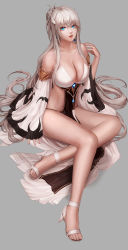 Rule 34 | 1girl, absurdres, bare legs, bare shoulders, black panties, blue eyes, breasts, cleavage, collarbone, detached sleeves, dungeon and fighter, earrings, female gunner (dungeon and fighter), full body, grey background, hair ornament, hand up, high heels, highres, jewelry, large breasts, lips, long hair, long sleeves, looking at viewer, monaim, panties, parted lips, revealing clothes, shoes, silver hair, simple background, sitting, sleeves past wrists, solo, stomach, thighs, underwear, very long hair, white footwear, wide sleeves