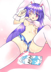 Rule 34 | 1girl, animal ears, breasts, covered erect nipples, cutoffs, denim, denim shorts, female focus, large breasts, long hair, milk, milk carton, no panties, one eye closed, open fly, open mouth, panbai, partially visible vulva, purple hair, rabbit ears, red eyes, reisen udongein inaba, sexually suggestive, short shorts, shorts, solo, thighhighs, touhou, unbuttoned, underboob, upshorts, wet, white thighhighs, wince, wrist cuffs