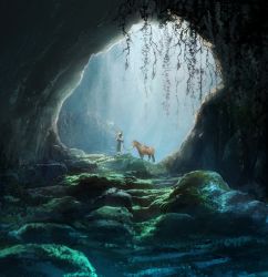 Rule 34 | 1boy, absurdres, cave, ging freecss, highres, horse, hunter x hunter, looking up, luclu03, moss, nature, plant, rock, scenery, solo, vines