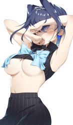 Rule 34 | 1girl, absurdres, armpits, bare arms, bingsardina, black shirt, black skirt, blue bow, blue bowtie, blue hair, blush, bow, bow earrings, bowtie, breasts, chain, chain headband, commentary, convenient censoring, covering face, cowboy shot, crop top, earrings, hair intakes, head chain, highres, holocouncil, hololive, hololive english, jewelry, large breasts, no eyes, ouro kronii, partially unzipped, shirt, short hair, skirt, solo, striped clothes, striped shirt, striped skirt, underboob, vertical-striped clothes, vertical-striped shirt, vertical-striped skirt, virtual youtuber