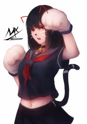 Rule 34 | 1girl, animal ears, animal hands, arm up, artist name, bell, black choker, black hair, black sailor collar, black serafuku, black shirt, black skirt, breasts, cat ears, cat girl, cat tail, choker, drawn ears, drawn whiskers, fang, gloves, hand up, highres, jingle bell, looking at viewer, medium breasts, midriff, navel, neck bell, neckerchief, open mouth, original, paw gloves, pleated skirt, red eyes, red neckerchief, sailor collar, school uniform, serafuku, shimmer, shirt, signature, simple background, skirt, solo, tail, tail raised, whiskers, white background