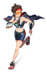Rule 34 | 1girl, absurdres, bad id, bad tumblr id, bare shoulders, brown eyes, brown hair, cape, chest harness, commentary, english commentary, flag, flag print, full body, goggles, harness, headband, highres, looking away, maro (lij512), midriff, navel, official alternate costume, orange-tinted eyewear, overwatch, overwatch 1, parted lips, red footwear, red headband, running, shoes, short hair, shorts, simple background, smile, sneakers, solo, spiked hair, stomach, tinted eyewear, tracer (overwatch), union jack, visor, white background