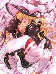 Rule 34 | 1boy, 1girl, arms around neck, black hair, blonde hair, bow, branch, cherry blossoms, closed eyes, commentary request, enoki 3106, face-to-face, falling petals, genderswap, genderswap (ftm), hair tubes, hakurei reimu, hat, hat bow, hetero, kirisame marisa, long hair, open mouth, petals, ponytail, red eyes, ribbon-trimmed sleeves, ribbon trim, short sleeves, touhou, waist bow, white bow, wide sleeves, witch hat, wrist cuffs