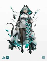 Rule 34 | 1girl, absurdres, arknights, black pantyhose, breasts, closed mouth, coat, collar, dress, fingerless gloves, full body, gloves, green eyes, grey hair, head wings, highres, ho&#039;olheyak (arknights), holding, holding clothes, holding panties, holding underwear, infection monitor (arknights), large breasts, long sleeves, looking at viewer, open clothes, open coat, panties, unworn panties, pantyhose, short hair, smile, solo, standing, tail, underbust, underwear, white coat, white dress, white gloves, white panties, wings, yuuki mix