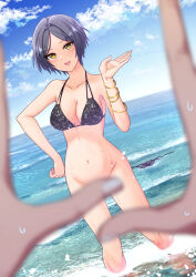 Rule 34 | 1boy, 1girl, bangle, bikini, black bikini, blue hair, blurry, blurry foreground, blush, bottomless, bracelet, breasts, cleavage, clueless, collarbone, commentary request, commission, convenient arm, convenient censoring, covered pussy, dark blue hair, groin, hayami kanade, idolmaster, idolmaster cinderella girls, jewelry, looking at viewer, medium breasts, navel, out of frame, outdoors, pov, pov hands, refraction, shirakaba masara, short hair, skeb commission, smile, solo focus, stomach, swimsuit, unworn bikini bottom, wading, wardrobe malfunction