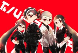 Rule 34 | 2boys, 2girls, black hair, black jacket, black pants, black sweater, blunt bangs, closed mouth, collared shirt, earclip, frown, gradient hair, grey hair, grey jacket, hair ornament, hair scrunchie, hand on own hip, hands in pockets, head tilt, highres, inkling, inkling (language), inkling boy, inkling girl, inkling player character, jacket, logo, long hair, long sleeves, looking at viewer, maimo, multicolored hair, multiple boys, multiple girls, nintendo, octoling, octoling player character, pants, pointy ears, print pants, red background, red eyes, red scrunchie, red theme, scrunchie, shirt, short hair, simple background, single vertical stripe, splatoon (series), splatoon 2, standing, suction cups, sweater, tentacle hair, topknot, very long hair, white shirt, zipper, zipper pull tab