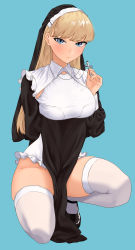 Rule 34 | 1girl, absurdres, amane a (007 uiro), bad id, bad pixiv id, black footwear, blonde hair, blue background, blue eyes, blush, breasts, cross, cross necklace, groin, highres, jewelry, kneehighs, long hair, looking at viewer, necklace, nun, original, simple background, socks, solo, thighhighs, white socks, white thighhighs