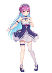 Rule 34 | 1girl, absurdres, blue footwear, blue hair, blush, breasts, cleavage, closed mouth, collarbone, colored inner hair, expressionless, full body, high heels, highres, hokori sakuni, hololive, large breasts, long hair, looking at viewer, minato aqua, multicolored hair, nail polish, purple eyes, purple hair, simple background, single thighhigh, solo, streaked hair, thighhighs, twintails, virtual youtuber, white background, white thighhighs