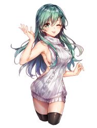 Rule 34 | 10s, 1girl, alternate costume, armpits, backless dress, backless outfit, bare arms, bare back, bare shoulders, black thighhighs, blush, breasts, cropped legs, dress, green eyes, green hair, hair ornament, hairclip, kantai collection, large breasts, long hair, looking at viewer, meme attire, navel, one eye closed, ribbed sweater, sideboob, simple background, solo, suzuya (kancolle), sweater, sweater dress, thighhighs, tongue, tongue out, virgin killer sweater, white background, white sweater, yuli (yulipo)