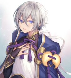 Rule 34 | 1boy, blue eyes, coyucom, fate/grand order, fate (series), prince of lan ling (fate), hair between eyes, hand on own chest, looking at viewer, male focus, open mouth, short hair, silver hair, smile, solo, white background