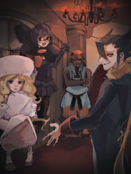 Rule 34 | 2boys, 2girls, black legwear, blonde hair, blunt bangs, book, buttons, caitlin (pokemon), carpet, chandelier, creatures (company), crossed arms, dark-skinned male, dark skin, dougi, dress, elite four, from behind, full body, game freak, green eyes, grimsley (pokemon), hat, highres, holding, holding book, holding pen, holding pillow, long hair, long sleeves, looking at viewer, marshal (pokemon), minamoto1209, multiple boys, multiple girls, nintendo, open mouth, orange hair, outstretched arm, pantyhose, pen, pillar, pillow, pink dress, pink footwear, pleated skirt, pokemon, pokemon bw, purple eyes, purple hair, purple vest, scarf, shauntal (pokemon), short hair, sitting, skirt, sleeve cuffs, sleeveless, slippers, stairs, standing, tareme, thick eyebrows, tsurime, uniform, very long hair, vest, white headwear, yellow scarf