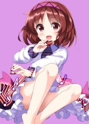 Rule 34 | 1girl, :d, barefoot, beamed eighth notes, black skirt, brown eyes, brown hair, eighth note, frilled skirt, frills, hairband, highres, long sleeves, looking at viewer, musical note, open mouth, pink hairband, puffy sleeves, purple background, quarter note, ruu (tksymkw), short hair, simple background, skirt, smile, solo, touhou, tsukumo yatsuhashi