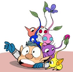 Rule 34 | 1boy, alien, all fours, alph (pikmin), black eyes, blue eyes, blue gloves, blue hair, blue pikmin, blue skin, blush stickers, colored skin, commentary, english commentary, flower, freckles, frown, gloves, highres, insect wings, leaf, looking at another, looking at viewer, lying, male focus, nintendo, no headwear, no mouth, on stomach, open mouth, outstretched arm, pikmin (creature), pikmin (series), pink skin, pointy ears, pointy nose, purple flower, purple pikmin, purple skin, red eyes, red pikmin, red skin, shadow, short hair, sitting, sitting on person, solid circle eyes, spacesuit, sweat, teeth, triangle mouth, upper teeth only, urfbownd, very short hair, white background, white pikmin, white skin, wide-eyed, winged pikmin, wings, yellow pikmin, yellow skin