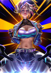 Rule 34 | 1girl, akali, belt, black gloves, black hair, blonde hair, blue eyes, breasts, cleavage cutout, clothing cutout, cropped jacket, earrings, eyeshadow, fingerless gloves, gloves, high ponytail, highres, jacket, jewelry, k/da (league of legends), large breasts, league of legends, liang xing, lips, looking at viewer, makeup, motor vehicle, motorcycle, multicolored hair, navel, open clothes, open jacket, short hair, signature, sitting, solo, the baddest akali, two-tone hair