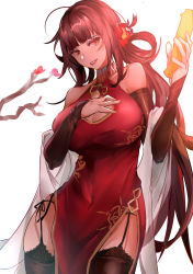 Rule 34 | 1girl, absurdres, ahoge, bare shoulders, black thighhighs, blunt bangs, blush, breasts, bridal gauntlets, brown gloves, brown hair, china dress, chinese clothes, cleavage, cleavage cutout, clothing cutout, cowboy shot, dress, dsr-50 (girls&#039; frontline), dsr-50 (red peony) (girls&#039; frontline), garter straps, girls&#039; frontline, gloves, hair ornament, hand on own chest, highres, jewelry, large breasts, leichi6, long hair, looking at viewer, official alternate costume, panties, parted lips, pelvic curtain, red dress, red eyes, side-tie panties, sidelocks, simple background, sleeveless, smile, solo, thighhighs, underwear, very long hair, white background