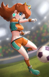 Rule 34 | 1girl, absurdres, ball, blurry, blurry background, breasts, brown hair, cleats, commentary request, crop top, crown, earrings, full body, gloves, gonzarez, grass, green eyes, highres, jewelry, kicking, large breasts, long hair, mario (series), nintendo, official alternate costume, playing sports, princess daisy, shoes, short shorts, short sleeves, shorts, soccer, soccer ball, soccer field, soccer uniform, socks, solo, sportswear, stadium, stadium lights, strikers daisy, super mario strikers, taut clothes, teeth, white gloves, wristband