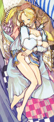 Rule 34 | 1990s (style), 1girl, alternate costume, bad id, bad pixiv id, bare legs, bed sheet, blonde hair, blue eyes, bow, breasts, cape, cleavage, crossed arms, crossed legs, cushion, dissidia final fantasy, earrings, final fantasy, final fantasy vi, hair bow, jewelry, looking at viewer, lying, nyorotta, on back, one-piece swimsuit, ponytail, puffy sleeves, retro artstyle, solo, swimsuit, tina branford, wristband