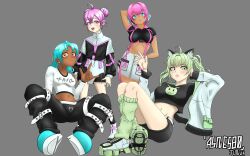 2024 20s 4girls :3 ahoge animal_ears animal_print arm_behind_back arm_behind_head arm_support arm_up arrow_print asnesbo belt black_jacket black_pants black_shirt black_shorts black_skirt black_socks blue_eyes blue_footwear blue_hair blush boots breasts cat_ears cat_girl cat_print clothes_writing collarbone dark_skin dated double_bun dub_(asnesbo) earrings easybreezytv green_eyes green_hair green_socks grey_background grey_belt grey_footwear grey_jacket hai-chu hair_bun headphones heart heart_print highres indie_virtual_youtuber jacket jewelry june kneehighs leg_belt long_hair long_sleeves looking_at_viewer loose_socks m/ medium_breasts midriff multiple_girls navel open_clothes open_jacket open_mouth orange_eyes pants parted_lips pink_hair pink_nails pink_thighhighs print_pants print_shirt purple_eyes purple_hair shirt shoes short_hair short_sleeves shorts sitting skirt smile sneakers socks standing suspender_skirt suspenders teeth thighhighs twintails val_(asnesbo) white_footwear white_shirt white_skirt