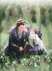 Rule 34 | 1boy, 1girl, ainu clothes, asirpa, belt, black footwear, black hair, blue headband, blurry, blurry background, cape, day, closed eyes, golden kamuy, hat, unworn hat, head wreath, headband, unworn headwear, highres, long sleeves, looking at another, military, military uniform, outdoors, sayasaka, sitting, sugimoto saichi, uniform, wide sleeves