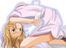 Rule 34 | 00s, 1girl, blonde hair, china dress, chinese clothes, dress, kabocha, kabocha (monkey4), long hair, michelle cheung, outline, r.o.d the tv, read or die, simple background, solo, upside-down, white background