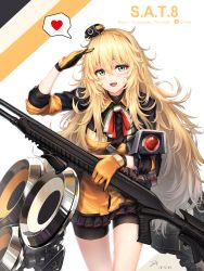 Rule 34 | 1girl, ammunition, baek hyang, bike shorts, blonde hair, blush, breasts, buckle, character name, collared jacket, dated, dinergate (girls&#039; frontline), fabarm sat-8, girls&#039; frontline, gloves, green eyes, gun, hair between eyes, hair ornament, hairband, heart, highres, holding, holding gun, holding weapon, italian flag neckwear, jacket, large breasts, long hair, looking at viewer, messy hair, neck ribbon, open mouth, orange hairband, pleated skirt, ribbon, s.a.t.8 (girls&#039; frontline), s.a.t.8 (gun), salute, semi-automatic firearm, semi-automatic shotgun, shield, shield module, shotgun, shotgun shell, sidelocks, signature, simple background, skirt, smile, snap-fit buckle, spoken heart, turtleneck, very long hair, weapon, white background