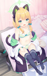 Rule 34 | 1girl, absurdres, animal ear headphones, animal ears, black thighhighs, blonde hair, blue archive, blush, bow, bow bra, bow panties, bra, breasts, cat ear headphones, cat tail, collarbone, commentary request, curtains, fake animal ears, from above, gluteal fold, green bow, green bra, green eyes, green jacket, green panties, hair bow, halo, headphones, highres, jacket, looking at viewer, mechanical tail, medium hair, midori (blue archive), multicolored clothes, multicolored jacket, navel, nintendo switch, no pants, no shirt, off shoulder, open mouth, panties, pillow, sakuraba hikaru (loveindog), sitting, small breasts, solo, stomach, tail, tearing up, thigh gap, thighhighs, thighs, two-tone bra, two-tone jacket, two-tone panties, underwear, white bra, white jacket, white panties