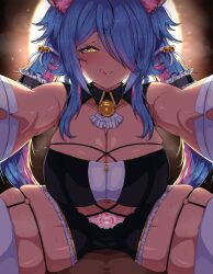 1girl absurdres animal_ears backlighting black_shorts black_tube_top blue_hair blush breasts cleavage dark_skin frilled_shorts frills garter_straps hair_ornament hair_over_one_eye highres indie_virtual_youtuber large_breasts leaning_forward licking_lips long_bangs long_hair looking_at_viewer multicolored_hair navel outstretched_arms pink_hair pov pubic_tattoo reaching reaching_towards_viewer revision rosie_(vtuber) rudeus_(steban_sharnak) short_shorts shorts solo_focus straddling strapless tattoo thigh_strap thighhighs tongue tongue_out tube_top twintails two-tone_hair two-tone_tube_top virtual_youtuber white_thighhighs white_tube_top yellow_eyes