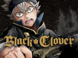 Rule 34 | 1boy, asta (black clover), black bulls (emblem), black capelet, black clover, black headband, bruise, capelet, cover, dvd cover, green eyes, headband, highres, holding, holding sword, holding weapon, injury, long bangs, looking at viewer, male focus, official art, serious, short hair, solo, spiked hair, sword, tabata yuuki, upper body, weapon