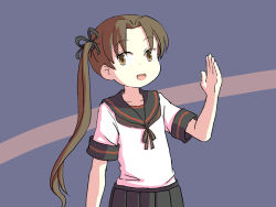 Rule 34 | 1girl, ayanami (kancolle), ayanami kai ni (kancolle), black sailor collar, black skirt, brown eyes, brown hair, brown neckerchief, commentary, cowboy shot, english commentary, kantai collection, long hair, neckerchief, one-hour drawing challenge, pleated skirt, purple background, sailor collar, school uniform, serafuku, side ponytail, sixten, skirt, solo, two-tone background, waving