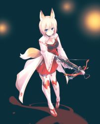 Rule 34 | 1girl, absurdres, android, animal ears, blonde hair, blue eyes, bow (weapon), breasts, cleavage cutout, clothing cutout, crossbow, fox ears, fox girl, fox tail, gun, highres, holding, holding crossbow, holding gun, holding weapon, ishiyumi, kemonomimi mode, mechanical arms, mechanical buddy universe, mechanical legs, medium breasts, momdroid (mechanical buddy universe), red skirt, short hair, skirt, solo, tail, weapon, wide sleeves