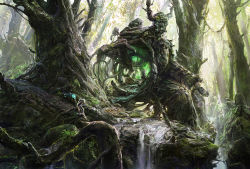 Rule 34 | 1girl, epic, fantasy, forest, giant, hong kuang, horns, monster, nature, original, scenery, size difference, staff, tree, water, waterfall