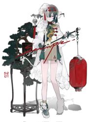 Rule 34 | 1girl, bare legs, black gloves, black hair, bonsai, chinese clothes, earrings, gillannn, gloves, hair between eyes, hair ornament, hair over one eye, hair ribbon, highres, holding, holding lamp, holding lantern, holding polearm, holding weapon, jewelry, lantern, long sleeves, looking at viewer, medium hair, mole, mole under eye, one eye covered, open mouth, original, parted lips, polearm, red eyes, ribbon, serious, shadow, simple background, solo, standing, traditional clothes, watermark, weapon, white background, white hair, white ribbon
