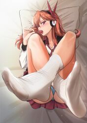 Rule 34 | 1girl, akame ga kill!, bed sheet, black hairband, blue panties, candy, chelsea (akame ga kill!), collarbone, collared shirt, commentary, crossed legs, english commentary, eyelashes, feet, feet up, food, foot focus, foreshortening, from above, full body, ghhoward, grey background, hairband, hand up, highres, holding, lollipop, long sleeves, looking at viewer, lying, no shoes, on back, open mouth, orange hair, paid reward available, panties, pillow, pink eyes, pink skirt, plaid, plaid skirt, pleated skirt, ribbed socks, shiny skin, shirt, skirt, socks, solo, swept bangs, underwear, white shirt, white socks