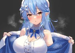 Rule 34 | 1girl, akazawa kureha, blue hair, blue ribbon, blush, breasts, camisole, cleavage, coat, commentary, flower, hair flower, hair ornament, half updo, hololive, large breasts, looking at viewer, open mouth, pointy ears, ribbon, undressing, virtual youtuber, yellow eyes, yukihana lamy