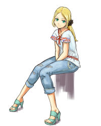 Rule 34 | 1girl, bad id, bad pixiv id, blonde hair, denim, green eyes, high heels, jeans, original, pants, ponytail, ripped jeans, sandals, scrunchie, shibasaki shouji, shoes, simple background, sitting, solo, torn clothes