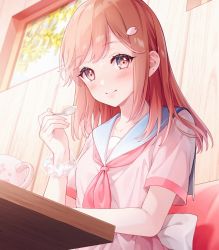 Rule 34 | 1girl, bad id, bad twitter id, blue sailor collar, blurry, blurry background, blush, brown hair, chair, closed mouth, cup, curtains, from below, hair ornament, hand up, highres, holding, holding spoon, indoors, long hair, looking at viewer, neckerchief, original, pink eyes, pink neckerchief, sailor collar, school uniform, serafuku, shirt, short sleeves, sitting, smile, solo, spoon, table, tadano yukiko, teacup, white shirt, window, wooden table