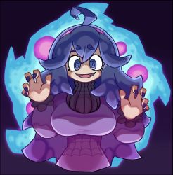 Rule 34 | 1girl, :d, @ @, ahoge, alternate breast size, alternate color, black hair, breasts, commentary, creatures (company), dress, game freak, gen 4 pokemon, grey eyes, hair between eyes, hairband, hands up, hex maniac (pokemon), highres, kurt robinson, long hair, long sleeves, looking at viewer, nail polish, nintendo, open mouth, pokemon, pokemon (creature), pokemon xy, purple dress, purple hairband, purple nails, raised eyebrows, shiny pokemon, smile, solo, spiritomb, tongue, turtleneck, upper body