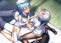 Rule 34 | 10s, 1boy, 2girls, admiral (kancolle), ass, blue eyes, blue hair, blush, bottomless, clothed sex, cunnilingus, cunnilingus through clothes, elbow gloves, feet, gloves, h kasei, hamakaze (kancolle), hat, heart, heart-shaped pupils, holding hands, interlocked fingers, kantai collection, long hair, multiple girls, no pants, no shoes, open fly, oral, pantyhose, personification, petite, reverse spitroast, school uniform, serafuku, sex, short hair, silver hair, sitting, sitting on face, sitting on person, sleeves rolled up, symbol-shaped pupils, urakaze (kancolle), vaginal, white gloves, white hat