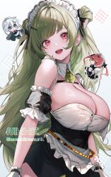 Rule 34 | 1girl, absurdres, antenna hair, apron, black gloves, black ribbon, blush, breasts, chibi, cocoa (nikke), detached collar, double bun, frilled apron, frills, gloves, goddess of victory: nikke, green hair, hair bun, hair ornament, hair ribbon, hairclip, highres, huge breasts, large breasts, lips, long hair, looking at viewer, maid, maid headdress, mole, mole on breast, n102 (nikke), nitrochang, open mouth, pink eyes, revision, ribbon, sidelocks, simple background, soda (nikke), teeth, thighs, two-tone gloves, upper teeth only, white apron, white background, white gloves