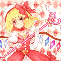 Rule 34 | 1girl, adapted costume, bad id, bad pixiv id, blonde hair, blush, bow, choker, collarbone, crystal, fang, female focus, flandre scarlet, hair bow, hat, heart, magical girl, puffy sleeves, raayu, red eyes, short hair, short sleeves, side ponytail, smile, solo, staff, touhou, wings
