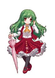 Rule 34 | 1girl, alternate hair length, alternate hairstyle, ascot, closed mouth, commentary request, flower, frilled skirt, frills, full body, green hair, hand in own hair, holding, holding umbrella, kazami yuuka, long hair, long sleeves, looking at viewer, lowres, official art, pink flower, pink umbrella, pixel art, plaid, plaid skirt, plaid vest, red footwear, red skirt, red vest, shirt, sidelocks, simple background, skirt, smile, solo, touhou, touhou mystia&#039;s izakaya, umbrella, vest, white background, white shirt, yellow ascot, youzikk