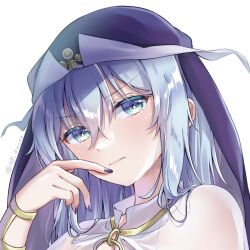 Rule 34 | 168 azusa, 1girl, aradia (toaru), blue eyes, blue hair, breasts, cleavage, closed mouth, commentary request, long hair, looking at viewer, medium breasts, portrait, purple nails, simple background, solo, toaru majutsu no index, toaru majutsu no index: genesis testament, toaru majutsu no index: new testament, white background