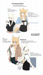 Rule 34 | 2girls, ahoge, alternate costume, animal ears, apron, arknights, bespectacled, black-framed eyewear, black apron, black hairband, black sweater, blonde hair, blue shirt, braid, brown jacket, commentary, cup, english commentary, glasses, hairband, highres, holding, holding cup, horse ears, jacket, long hair, mug, multiple girls, multiple views, nearl (arknights), open clothes, open jacket, platinum (arknights), shirt, supershrimpcakes, sweater, very long hair, white background, white hair, white shirt, yellow eyes