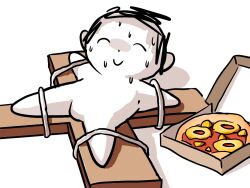 Rule 34 | doodle sensei (blue archive), blue archive, crucifixion, food, hawaiian pizza, nervous, nervous sweating, pizza, pizza box, sensei (blue archive), sweat, tied to stake