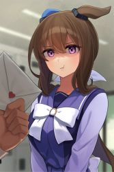Rule 34 | 1girl, 1other, :t, absurdres, admire vega (umamusume), animal ears, blurry, blurry background, bow, breasts, brown hair, closed mouth, commentary request, envelope, highres, horse ears, hukahito, indoors, locker, long hair, looking at viewer, medium breasts, out of frame, pout, purple eyes, purple shirt, sailor collar, school uniform, shaded face, shirt, tracen school uniform, umamusume, upper body, white bow