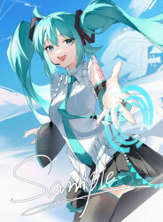 Rule 34 | 1girl, :d, absurdres, black skirt, black sleeves, black thighhighs, blue eyes, blue hair, blue necktie, blue sky, breasts, collared shirt, detached sleeves, feet out of frame, floating, floating hair, frilled shirt, frills, from side, hair between eyes, hatsune miku, hatsune miku happy 16th birthday -dear creators-, headset, highres, katachi noboru nishikino, long sleeves, looking at viewer, medium breasts, microphone, necktie, number tattoo, open hand, open mouth, outstretched arm, pleated skirt, reaching, reaching towards viewer, sample watermark, shirt, skirt, sky, sleeveless, sleeveless shirt, smile, solo, tattoo, teeth, thighhighs, tie clip, twintails, upper teeth only, vocaloid, watermark, white shirt