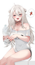 Rule 34 | 1girl, ahoge, animal ears, black choker, black nails, blush, bottle, breasts, choker, cleavage, denim, denim shorts, ear piercing, fingernails, grey eyes, grey hair, hair between eyes, highres, holding, holding bottle, hololive, jewelry, large breasts, lion ears, lion girl, lion tail, long fingernails, long hair, looking at viewer, loose clothes, loose shirt, medium breasts, messy hair, nail polish, necklace, nerorigogo, no bra, official alternate costume, official alternate hairstyle, open mouth, piercing, sharp fingernails, shirt, shishiro botan, shishiro botan (casual), short shorts, shorts, sidelocks, single bare shoulder, sitting, solo, spicy, spoken food, sweat, t-shirt, tail, tongue, tongue out, torn clothes, torn shorts, virtual youtuber, water bottle, white shirt