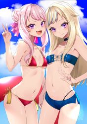 Rule 34 | 2girls, bad id, bad twitter id, bikini, blonde hair, blush, breasts, collarbone, commentary request, himehina channel, holding hands, looking at viewer, multiple girls, nail polish, navel, open mouth, pink hair, purple eyes, shorts, small breasts, suzuki hina, swimsuit, tanaka hime, v, virtual youtuber